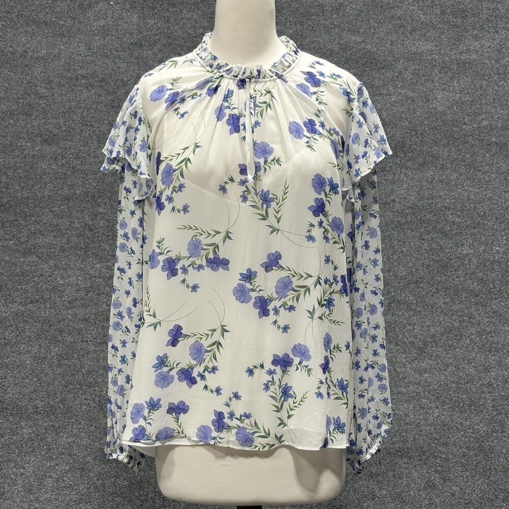 Shoshanna Blouse Womens Medium Large White Blue Floral Ruffle Neck Sheer Lined